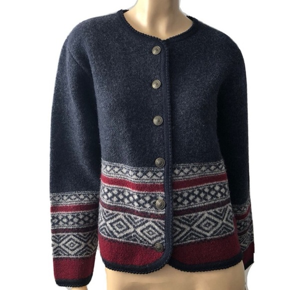 Vintage Tally-Ho Wool Fair Isle Red & Gray Cardigan Sweater size M - Picture 1 of 9